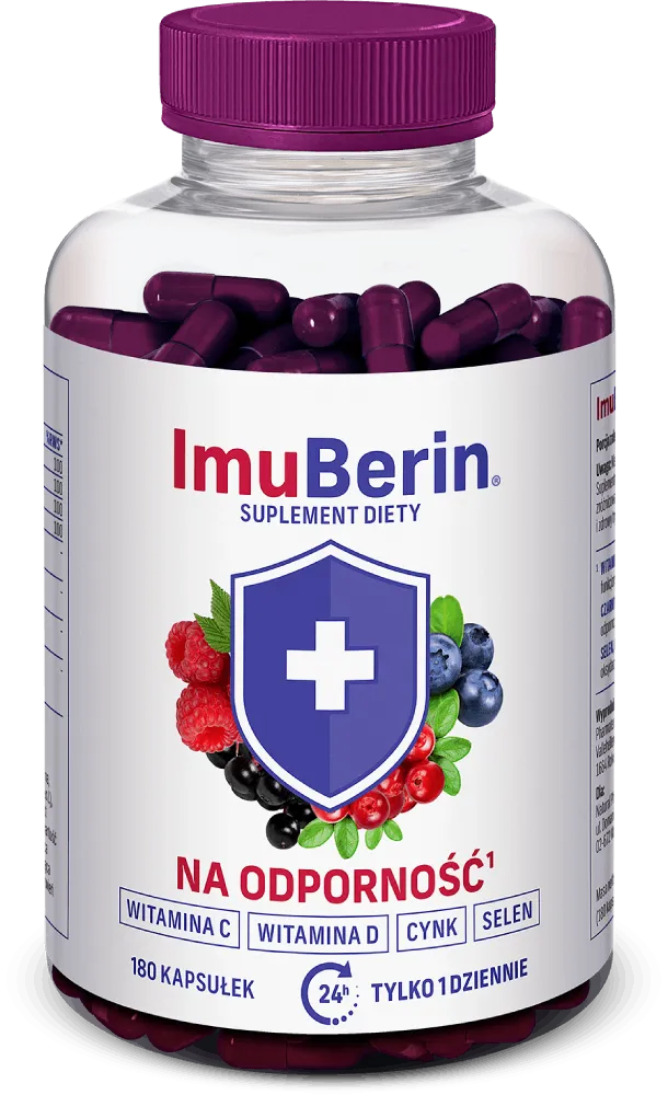 Natural Pharmaceuticals ImuBerin® Butelka suplementu diety ImuBerin – kapsułki na odporność z witaminą C, D, cynkiem i selenem; przezroczysty słoik z fioletową zakrętką i grafiką owoców na etykiecie.