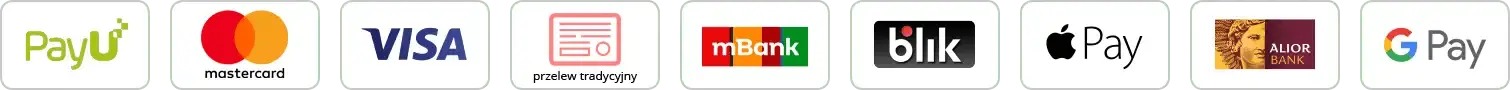 Loga popularnych metod płatności online: PayU, Mastercard, Visa, przelew tradycyjny, mBank, BLIK, Apple Pay, Alior Bank, Google Pay.